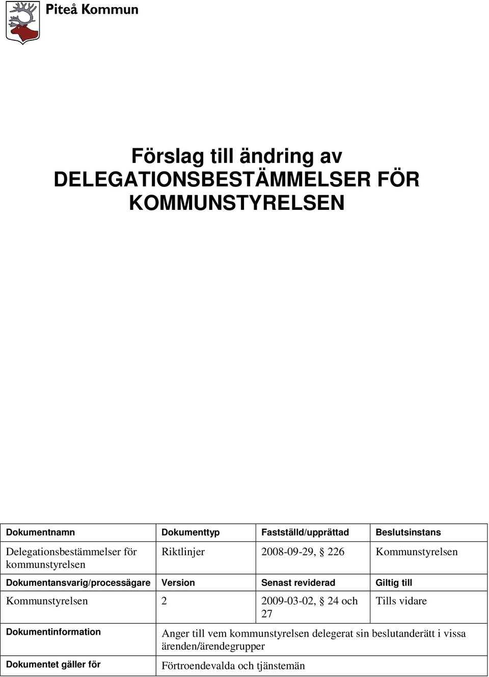 Dokumentansvarig/processägare Version Senast reviderad Giltig till Kommunstyrelsen 2 2009-03-02, 24 och 27