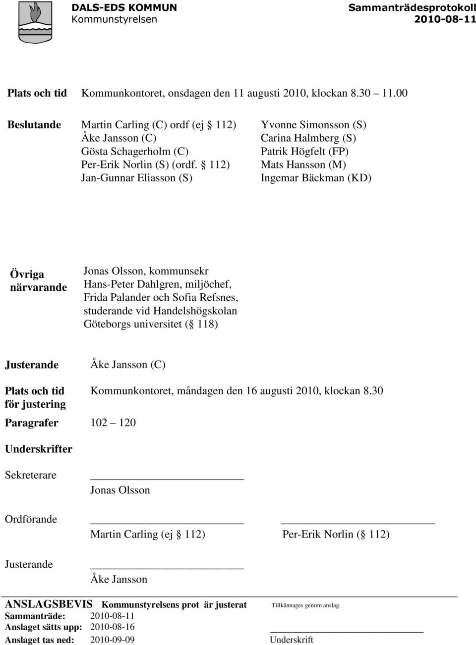 112) Jan-Gunnar Eliasson (S) Yvonne Simonsson (S) Carina Halmberg (S) Patrik Högfelt (FP) Mats Hansson (M) Ingemar Bäckman (KD) Övriga närvarande Jonas Olsson, kommunsekr Hans-Peter Dahlgren,