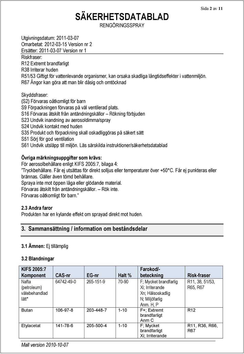 S16 Förvaras åtskilt från antändningskällor Rökning förbjuden S23 Undvik inandning av aerosoldimma/spray S24 Undvik kontakt med huden S35 Produkt och förpackning skall oskadliggöras på säkert sätt