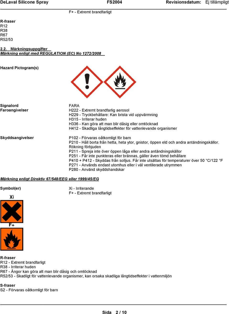 53 2.2. Märkningsuppgifter Märkning enligt med REGULATION (EC) No 1272/2008 Hazard Pictogram(s) Signalord Faroangivelser Skyddsangivelser FARA H222 - Extremt brandfarlig aerosol H229 -