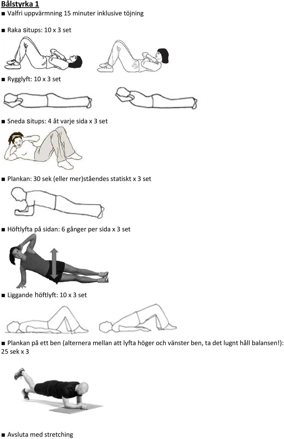 3 set Höftlyfta på sidan: 6 gånger per sida x 3 set Liggande höftlyft: 10 x 3 set Plankan på