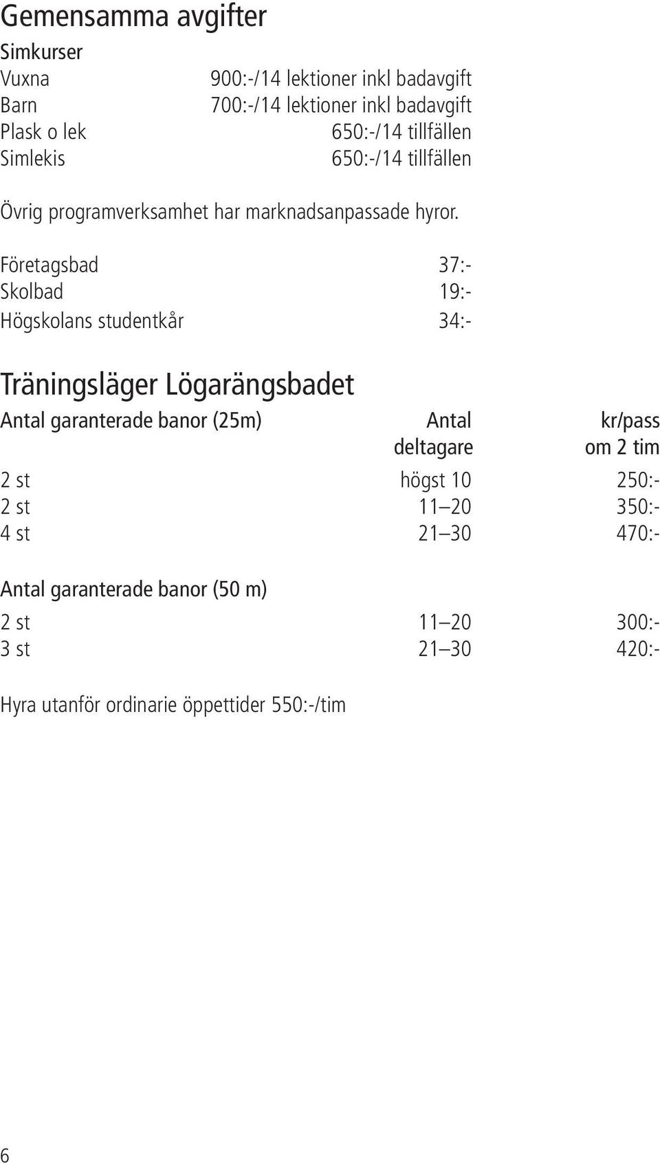 Företagsbad 37:- Skolbad 19:- Högskolans studentkår 34:- Träningsläger Lögarängsbadet Antal garanterade banor (25m) Antal kr/pass