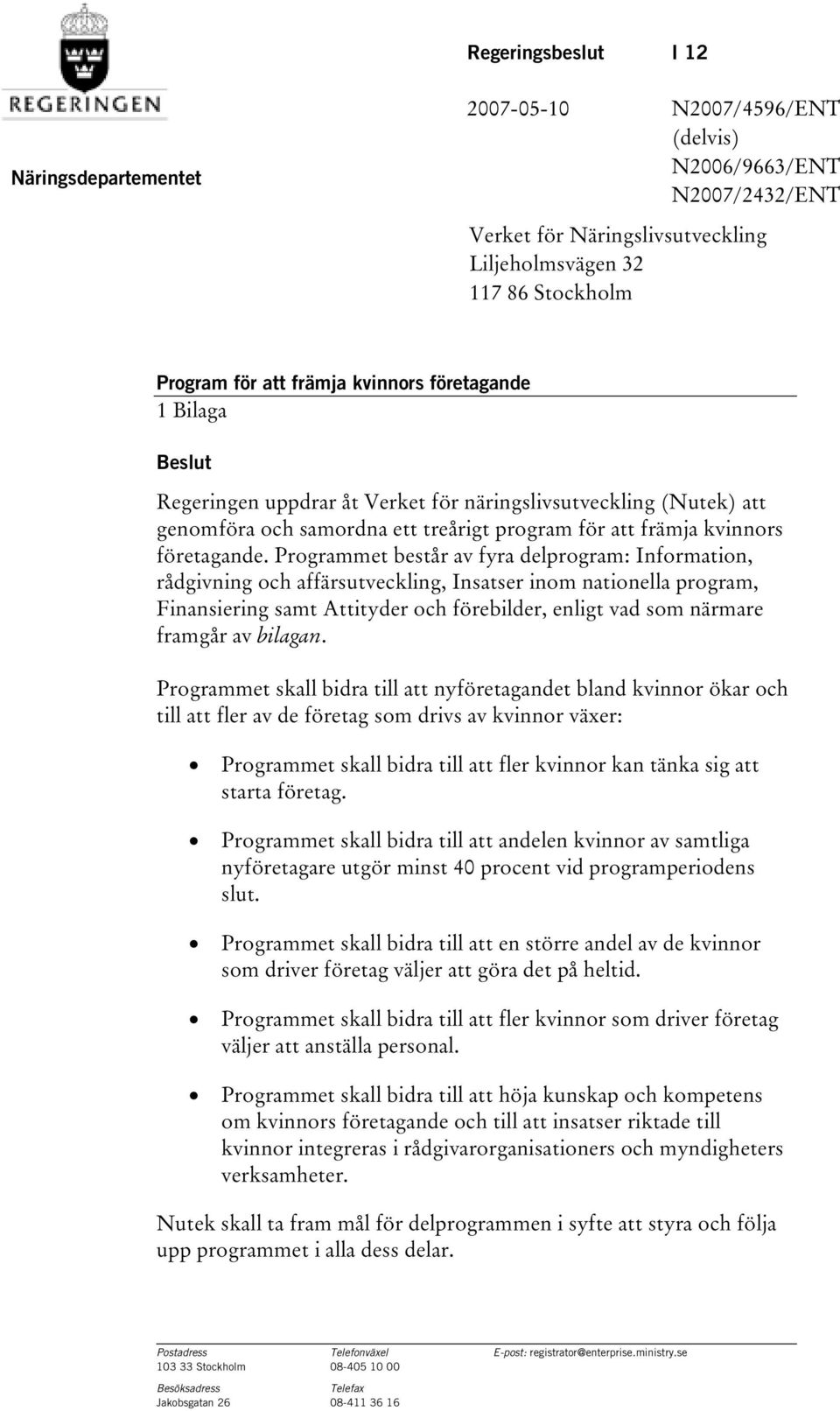 Programmet består av fyra delprogram: Information, rådgivning och affärsutveckling, Insatser inom nationella program, Finansiering samt Attityder och förebilder, enligt vad som närmare framgår av