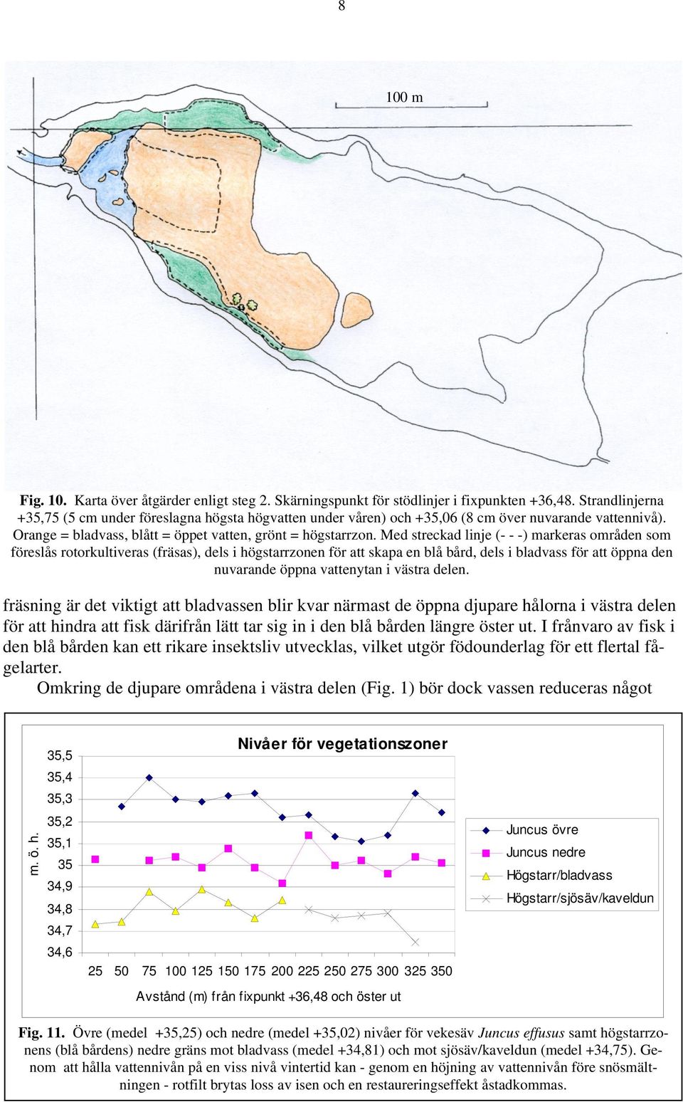 Med streckad linje (- - -) markeras områden som föreslås rotorkultiveras (fräsas), dels i högstarrzonen för att skapa en blå bård, dels i bladvass för att öppna den nuvarande öppna vattenytan i