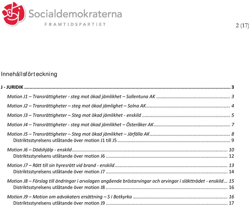 .. 7 Motion J5 Transrättigheter Steg mot ökad jämlikhet Järfälla AK... 8 Distriktsstyrelsens utlåtande över motion J1 till J5... 9 Motion J6 Dödshjälp - enskild.