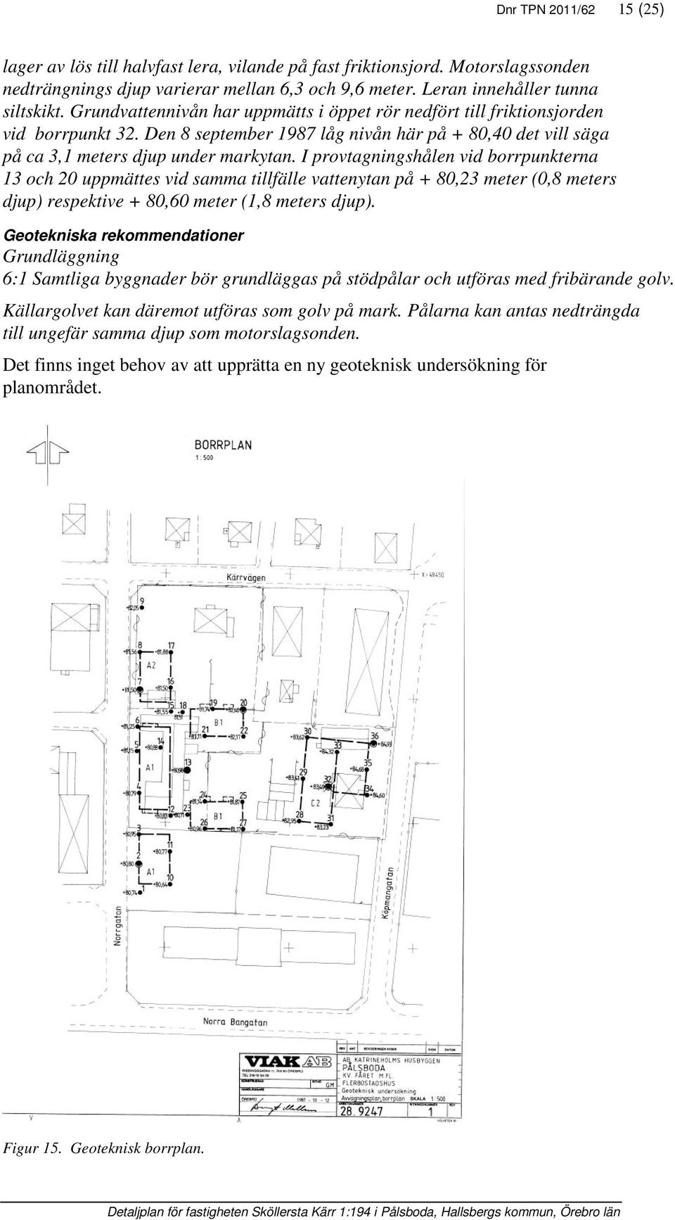 I provtagningshålen vid borrpunkterna 13 och 20 uppmättes vid samma tillfälle vattenytan på + 80,23 meter (0,8 meters djup) respektive + 80,60 meter (1,8 meters djup).