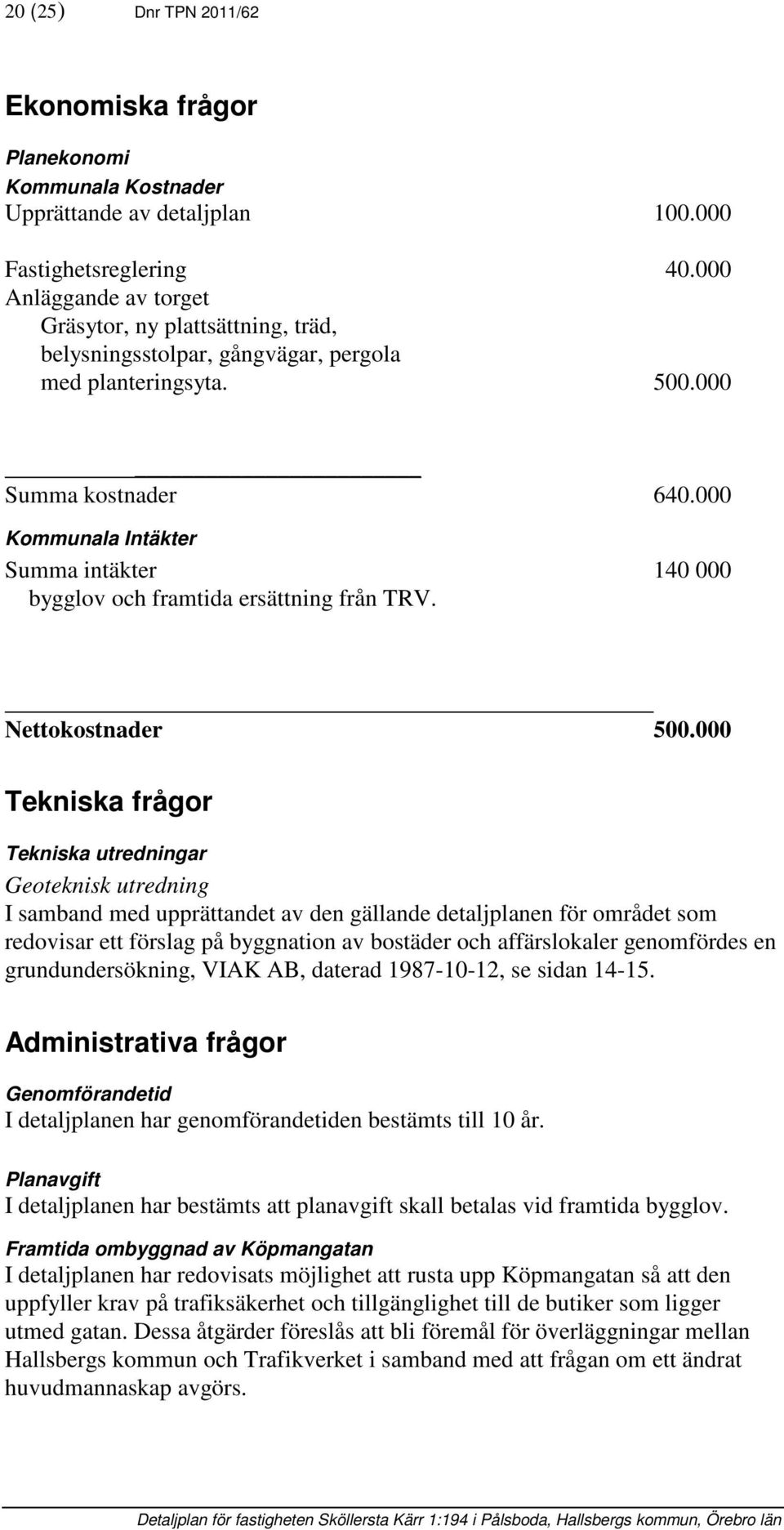 000 Kommunala Intäkter Summa intäkter 140 000 bygglov och framtida ersättning från TRV. Nettokostnader 500.