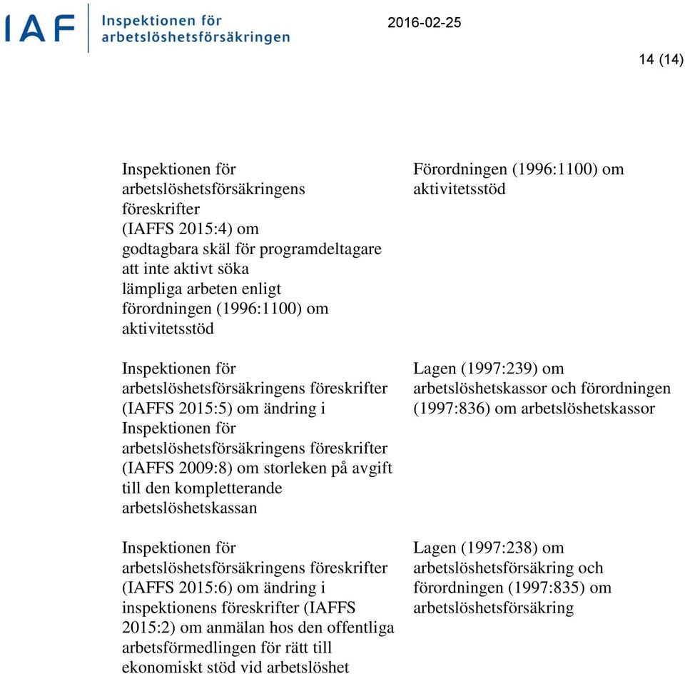 arbetslöshetsförsäkringens föreskrifter (IAFFS 2015:6) om ändring i inspektionens föreskrifter (IAFFS 2015:2) om anmälan hos den offentliga arbetsförmedlingen för rätt till ekonomiskt stöd vid