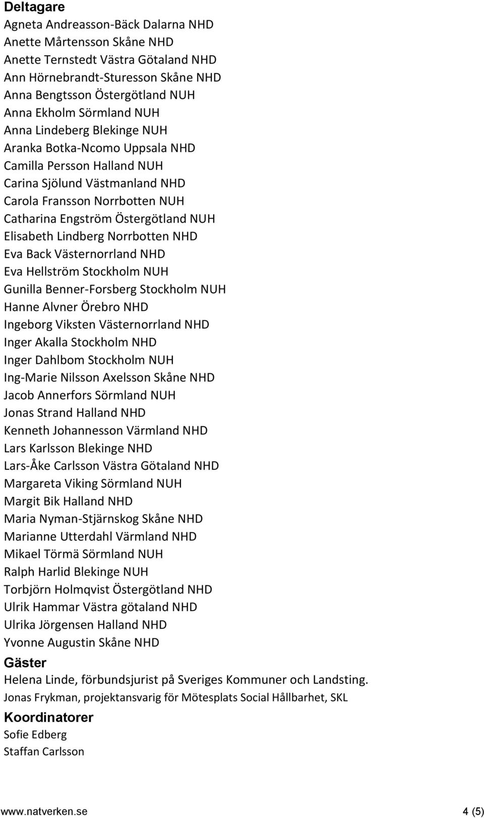 Lindberg Norrbotten NHD Eva Back Västernorrland NHD Eva Hellström Stockholm NUH Gunilla Benner-Forsberg Stockholm NUH Hanne Alvner Örebro NHD Ingeborg Viksten Västernorrland NHD Inger Akalla