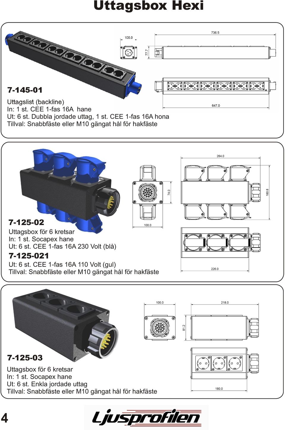 Socapex hane Ut: 6 st. CEE 1-fas 16A 230 Volt (blå) 7-125-021 Ut: 6 st.