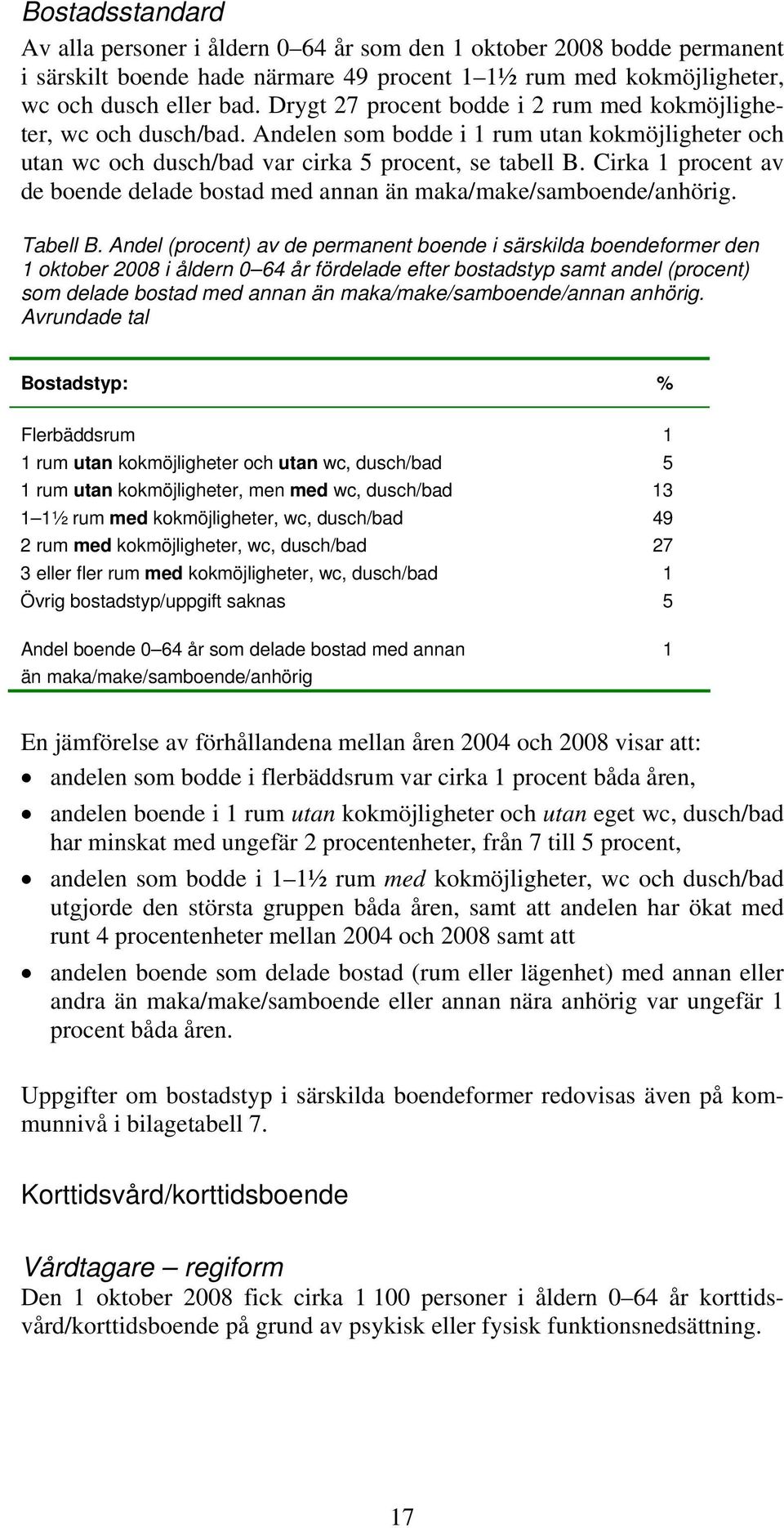 Cirka 1 procent av de boende delade bostad med annan än maka/make/samboende/anhörig. Tabell B.