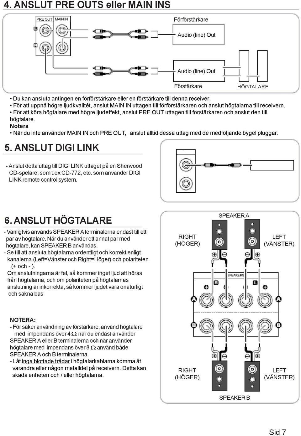 För att köra högtalare med högre ljudeffekt, anslut PRE OUT uttagen till förstärkaren och anslut den till högtalare.