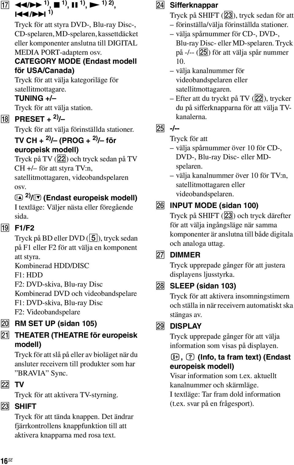TV CH + 2) / (PROG + 2) / för europeisk modell) Tryck på TV (ws) och tryck sedan på TV CH +/ för att styra TV:n, satellitmottagaren, videobandspelaren osv.