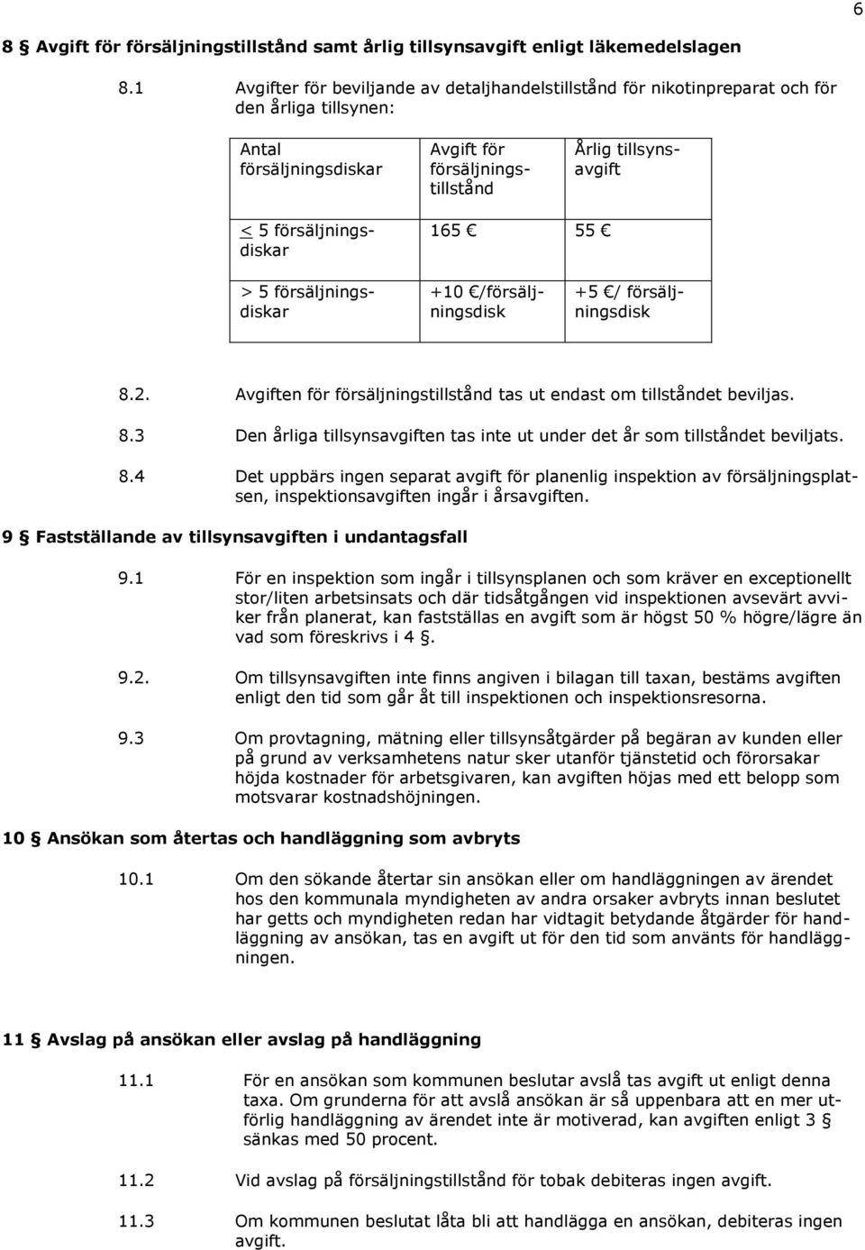 försäljningsdiskar 165 55 > 5 försäljningsdiskar +10 /försäljningsdisk +5 / försäljningsdisk 8.2. Avgiften för försäljningstillstånd tas ut endast om tillståndet beviljas. 8.3 Den årliga tillsynsavgiften tas inte ut under det år som tillståndet beviljats.