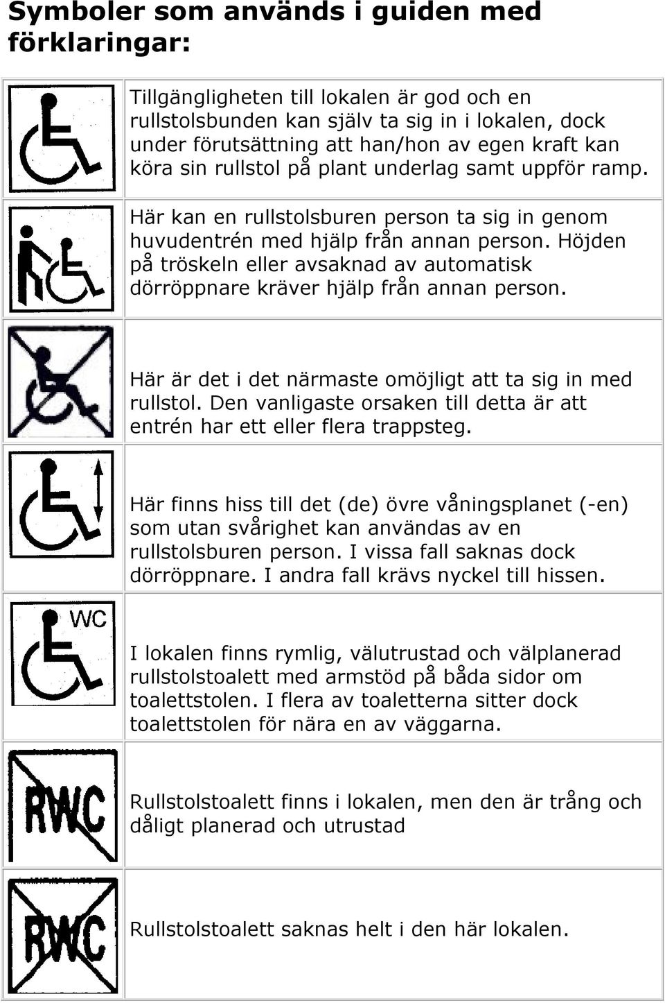 Höjden på tröskeln eller avsaknad av automatisk dörröppnare kräver hjälp från annan person. Här är det i det närmaste omöjligt att ta sig in med rullstol.