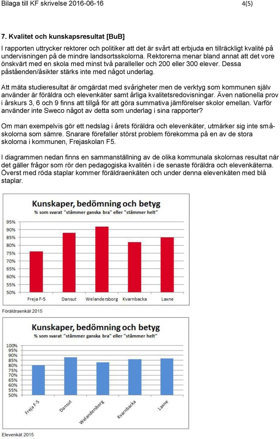 Rektorerna menar bland annat att det vore önskvärt med en skola med minst två paralleller och 200 eller 300 elever. Dessa påståenden/åsikter stärks inte med något underlag.