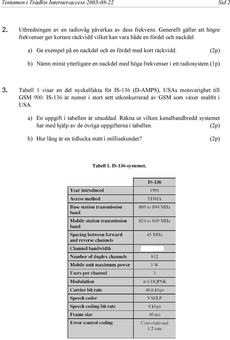 (p) b) Nämn minst ytterligare en nackdel med höga frekvenser i ett radiosystem.(1p) 3. Tabell 1 visar en del nyckelfakta för IS-136 (D-AMPS), USAs motsvarighet till GSM 900.