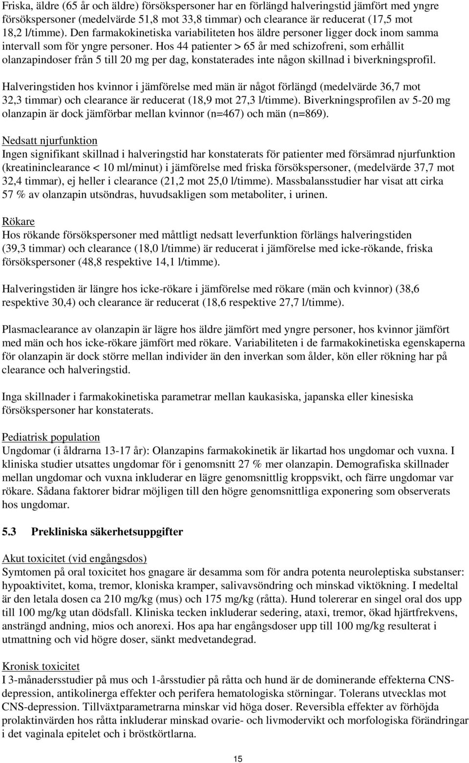 Hos 44 patienter > 65 år med schizofreni, som erhållit olanzapindoser från 5 till 20 mg per dag, konstaterades inte någon skillnad i biverkningsprofil.