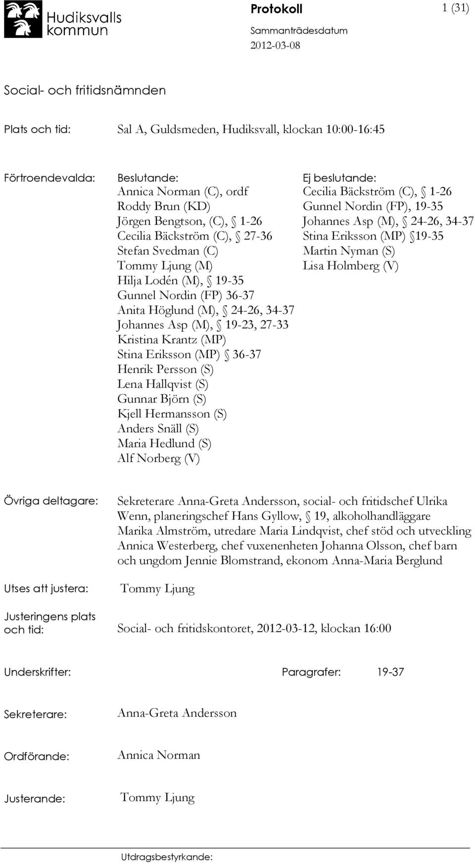 Stina Eriksson (MP) 36-37 Henrik Persson (S) Lena Hallqvist (S) Gunnar Björn (S) Kjell Hermansson (S) Anders Snäll (S) Maria Hedlund (S) Alf Norberg (V) Cecilia Bäckström (C), 1-26 Gunnel Nordin
