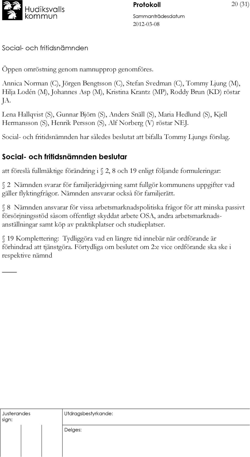 Lena Hallqvist (S), Gunnar Björn (S), Anders Snäll (S), Maria Hedlund (S), Kjell Hermansson (S), Henrik Persson (S), Alf Norberg (V) röstar NEJ. har således beslutat att bifalla Tommy Ljungs förslag.