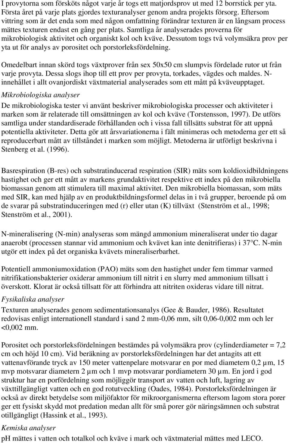 Samtliga år analyserades proverna för mikrobiologisk aktivitet och organiskt kol och kväve. Dessutom togs två volymsäkra prov per yta ut för analys av porositet och porstorleksfördelning.