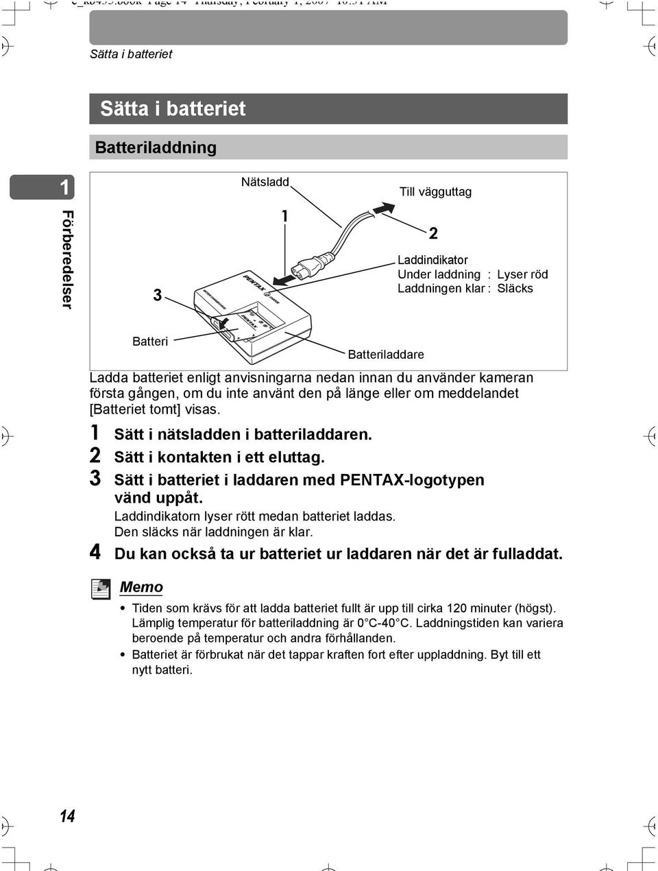 klar : Släcks Batteri Batteriladdare Ladda batteriet enligt anvisningarna nedan innan du använder kameran första gången, om du inte använt den på länge eller om meddelandet [Batteriet tomt] visas.