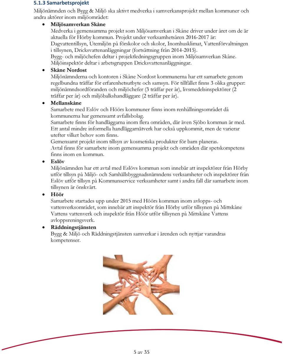 Projekt under verksamhetsåren 2016-2017 är: Dagvattentillsyn, Utemiljön på förskolor och skolor, Inomhusklimat, Vattenförvaltningen i tillsynen, Dricksvattenanläggningar (fortsättning från 2014-2015).