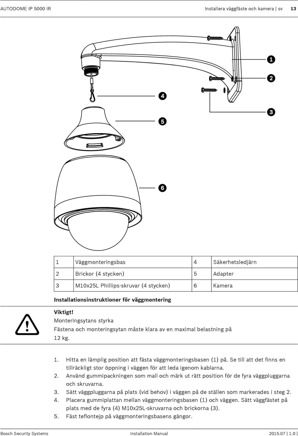 kg. 1. Hitta en lämplig position att fästa väggmonteringsbasen (1) på. Se till att det finns en tillräckligt stor öppning i väggen för att leda igenom kablarna. 2.