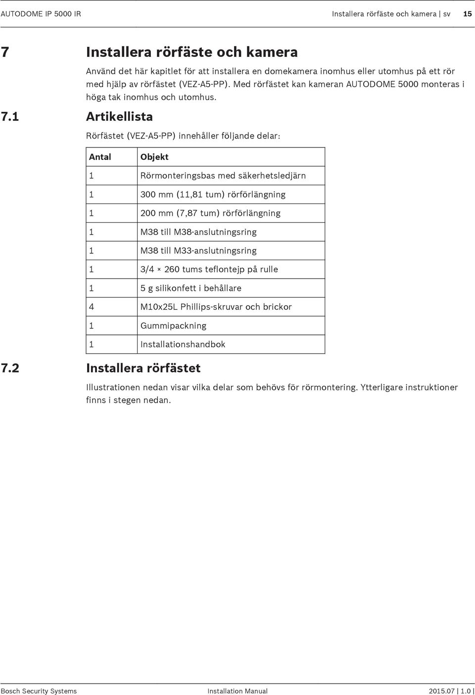 1 Artikellista Rörfästet (VEZ-A5-PP) innehåller följande delar: Antal Objekt 1 Rörmonteringsbas med säkerhetsledjärn 1 300 mm (11,81 tum) rörförlängning 1 200 mm (7,87 tum) rörförlängning 1 M38 till