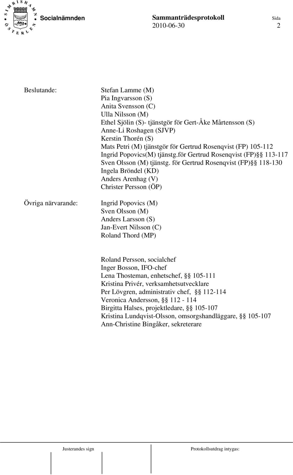 för Gertrud Rosenqvist (FP) 118-130 Ingela Bröndel (KD) Anders Arenhag (V) Christer Persson (ÖP) Ingrid Popovics (M) Sven Olsson (M) Anders Larsson (S) Jan-Evert Nilsson (C) Roland Thord (MP) Roland