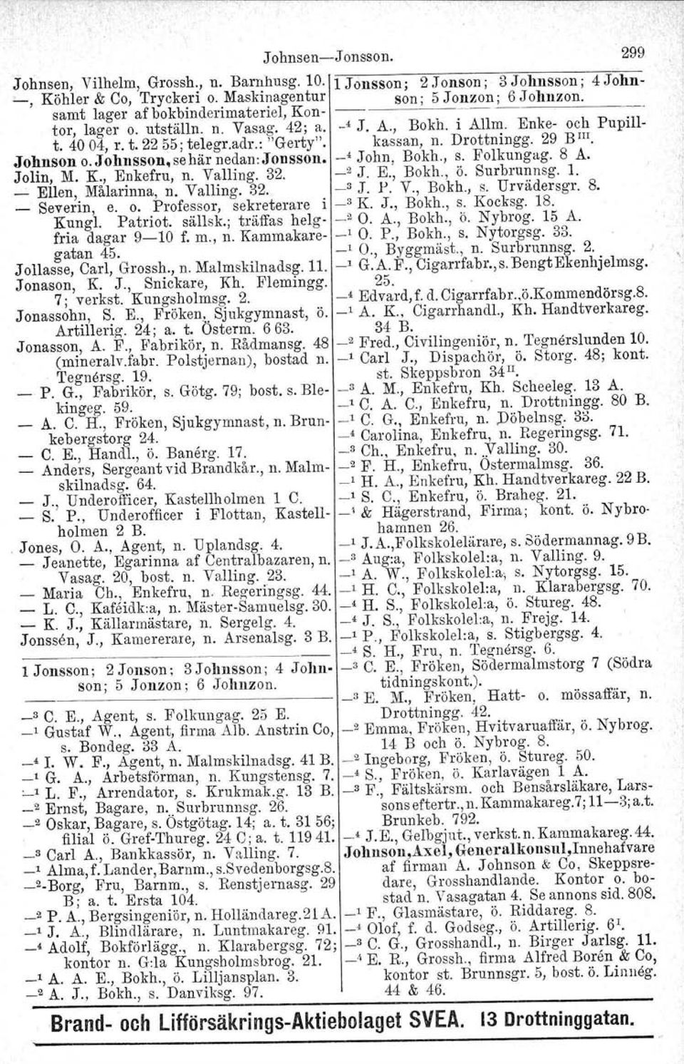 adr.: "Gerty". kassan, n. Drottningg. 29 B III. Johnson o.johnsson, sehär nedan: Jonsson. _4 John, Bokh., s. Folkungag. 8 A. Jolin, M. K., Enkefru, n. Valling. 32. _2 J. E., Bokh., ö. Surbrunnsg. l.