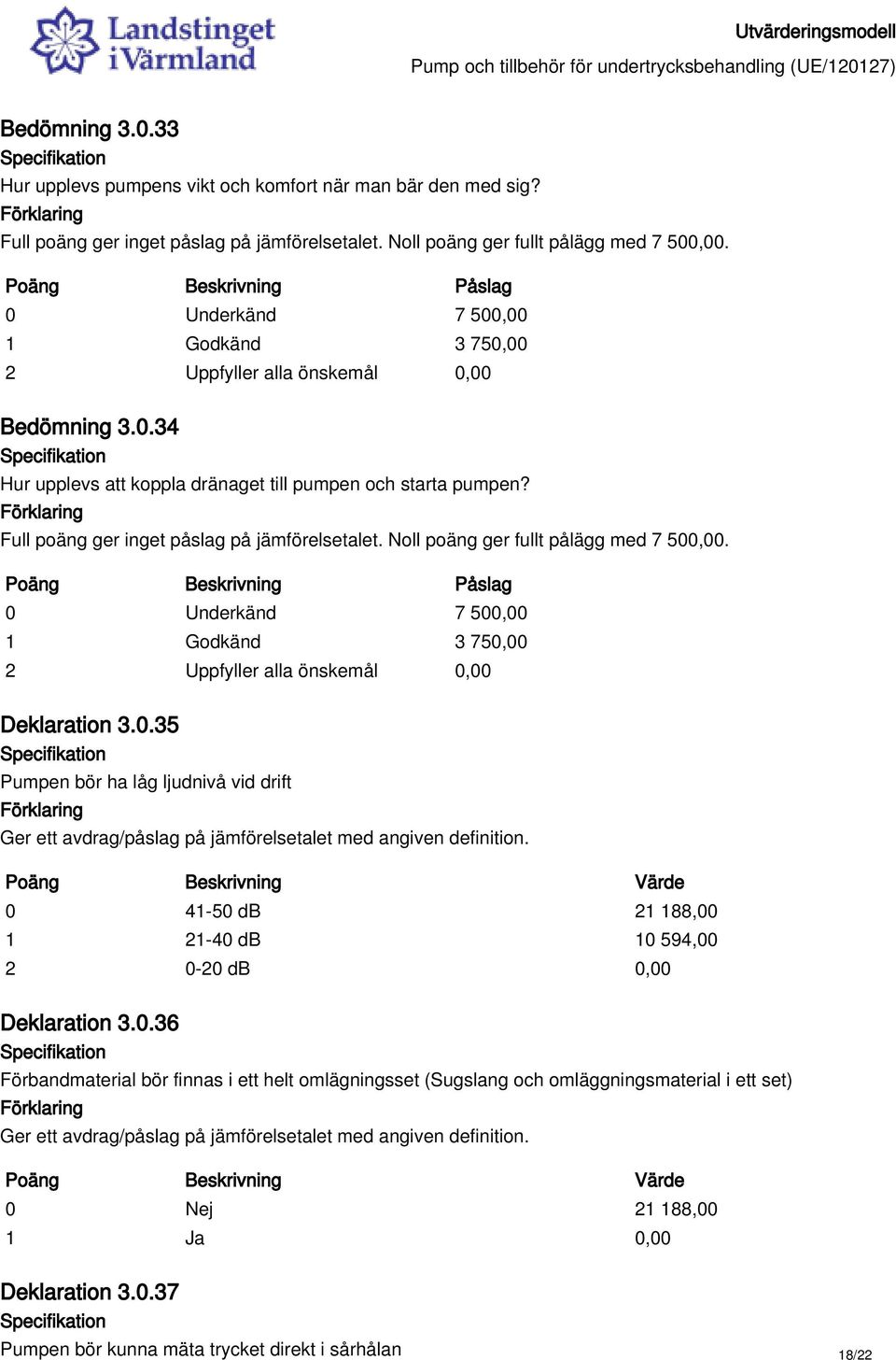 Noll poäng ger fullt pålägg med 7 500,00. 0 Underkänd 7 500,00 1 Godkänd 3 750,00 Deklaration 3.0.35 Pumpen bör ha låg ljudnivå vid drift 0 41-50 db 21 188,00 1 21-40 db 10 594,00 2 0-20 db 0,00 Deklaration 3.