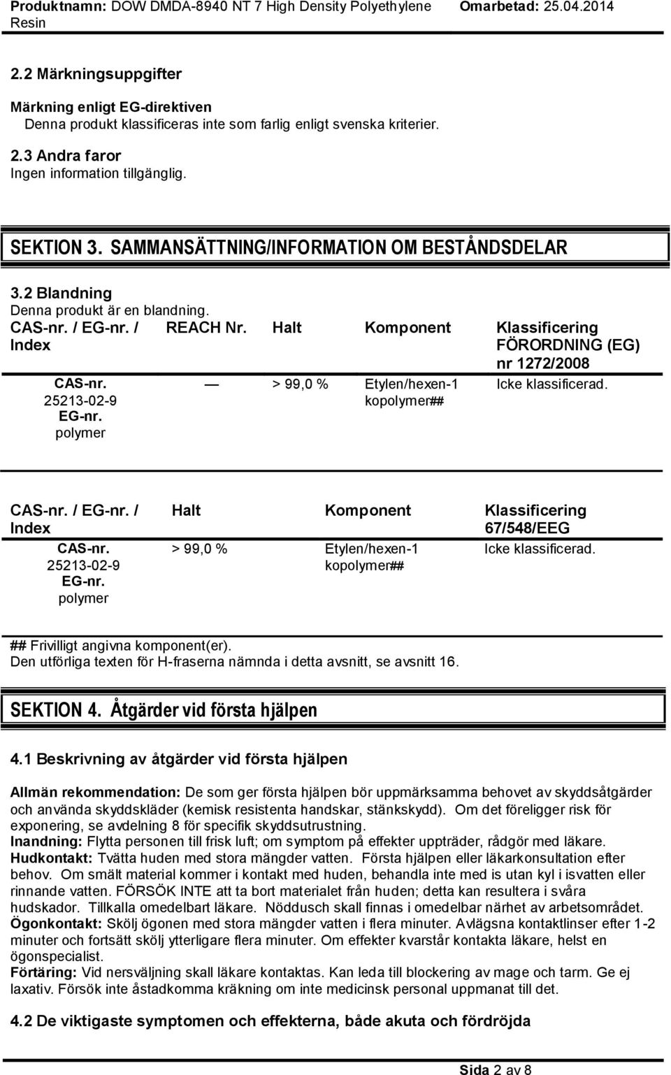 25213-02-9 EG-nr. polymer > 99,0 % Etylen/hexen-1 kopolymer## Icke klassificerad. CAS-nr. / EG-nr. / Index CAS-nr. 25213-02-9 EG-nr.