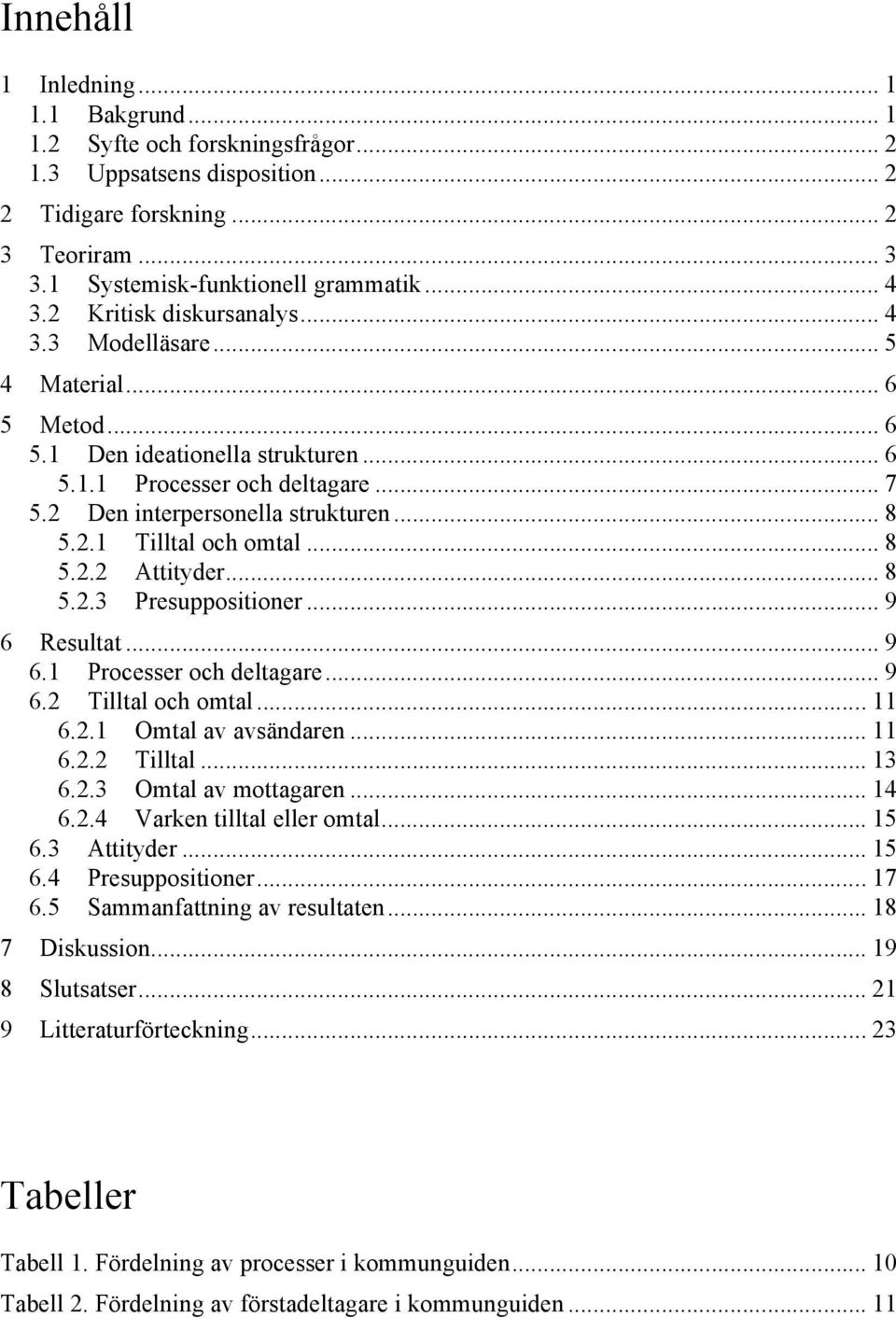 .. 8 5.2.2 Attityder... 8 5.2.3 Presuppositioner... 9 6 Resultat... 9 6.1 Processer och deltagare... 9 6.2 Tilltal och omtal... 11 6.2.1 Omtal av avsändaren... 11 6.2.2 Tilltal... 13 6.2.3 Omtal av mottagaren.