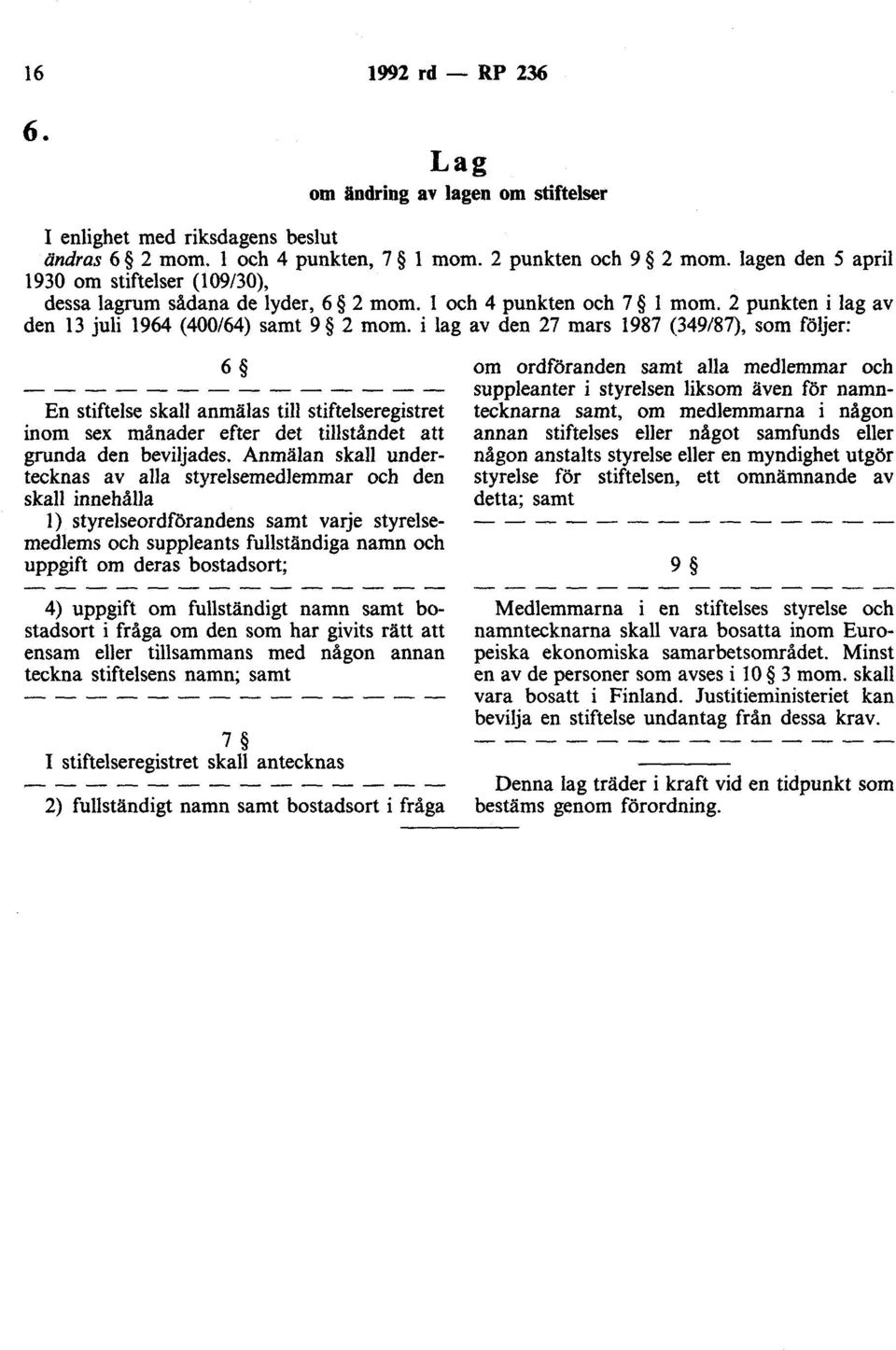 i lag av den 27 mars 1987 (349/87), som följer: 6 En stiftelse skall anmälas till stiftelseregistret inom sex månader efter det tillståndet att grunda den beviljades.