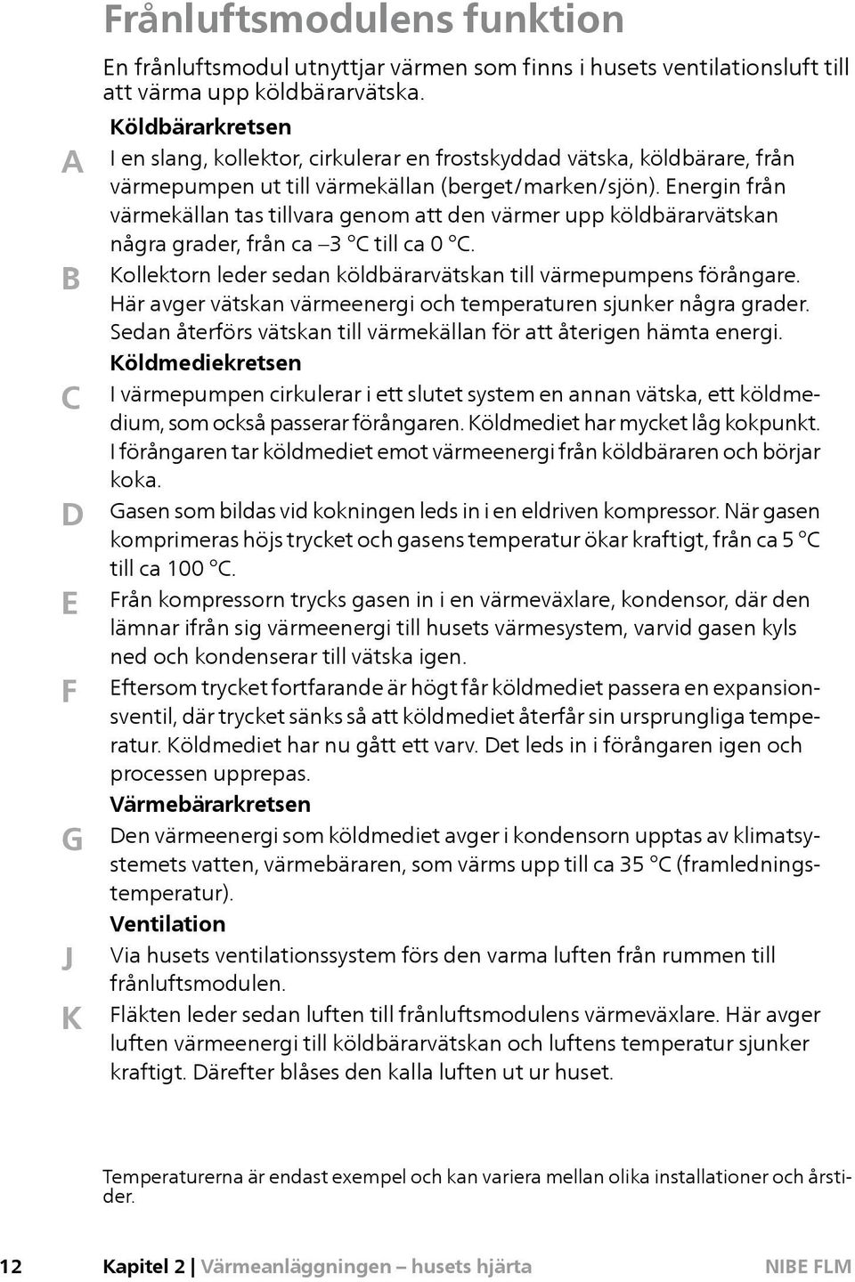 Energin från värmekällan tas tillvara genom att den värmer upp köldbärarvätskan några grader, från ca 3 C till ca 0 C. Kollektorn leder sedan köldbärarvätskan till värmepumpens förångare.