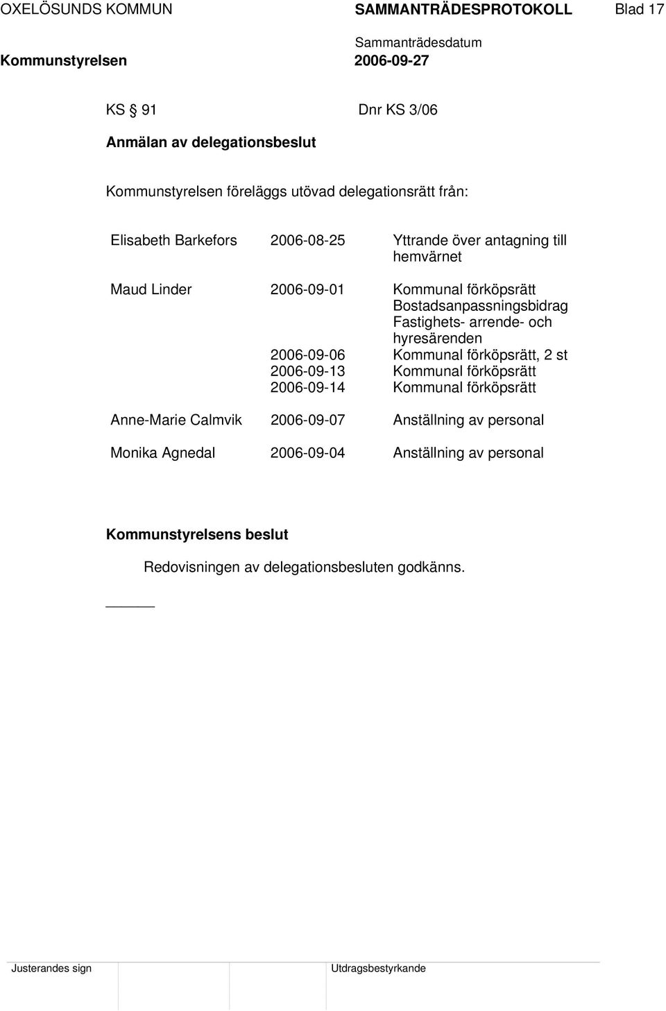 arrende- och hyresärenden 2006-09-06 Kommunal förköpsrätt, 2 st 2006-09-13 Kommunal förköpsrätt 2006-09-14 Kommunal förköpsrätt Anne-Marie