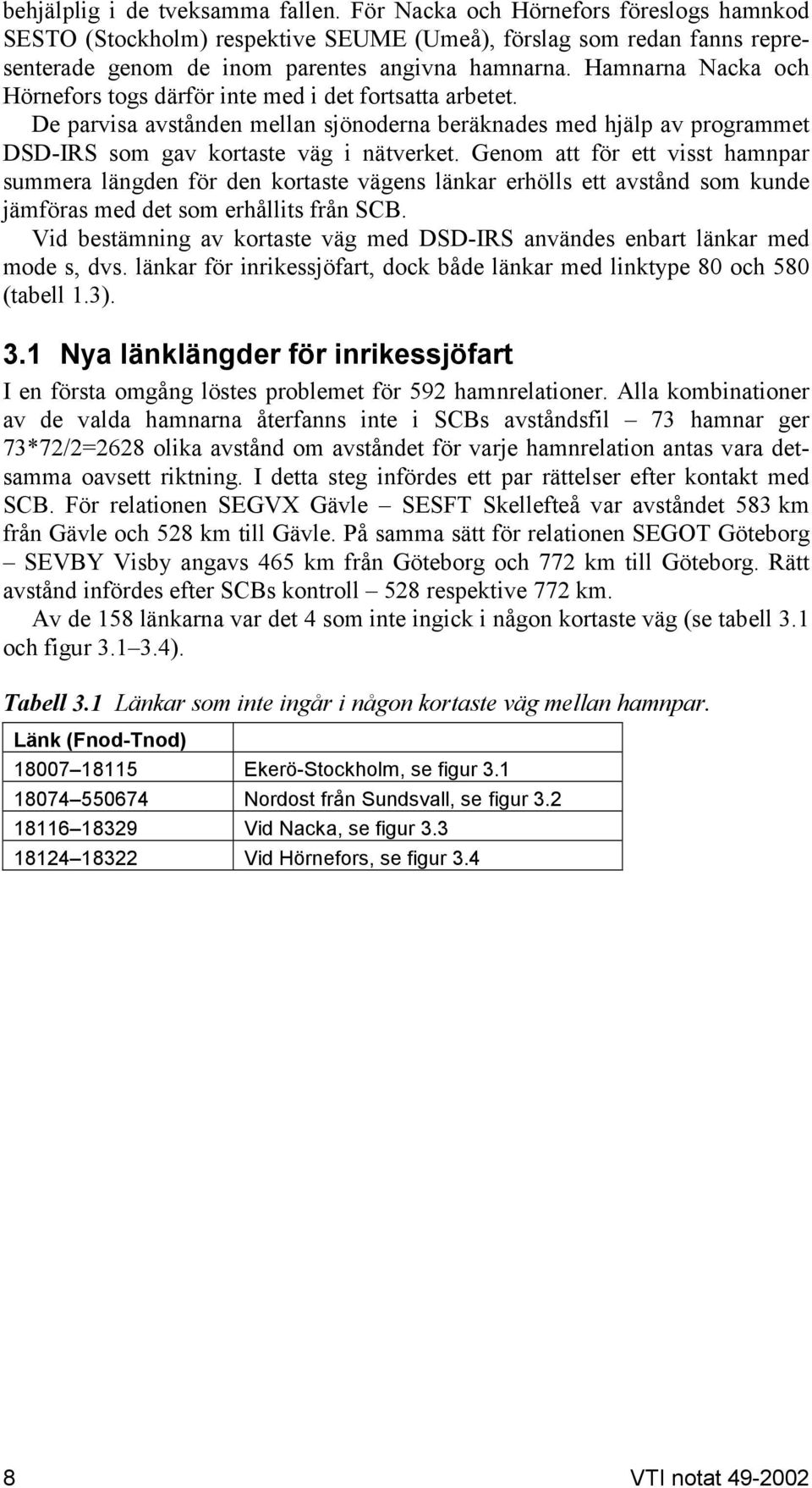 Genom att för ett visst hamnpar summera längden för den kortaste vägens länkar erhölls ett avstånd som kunde jämföras med det som erhållits från SCB.