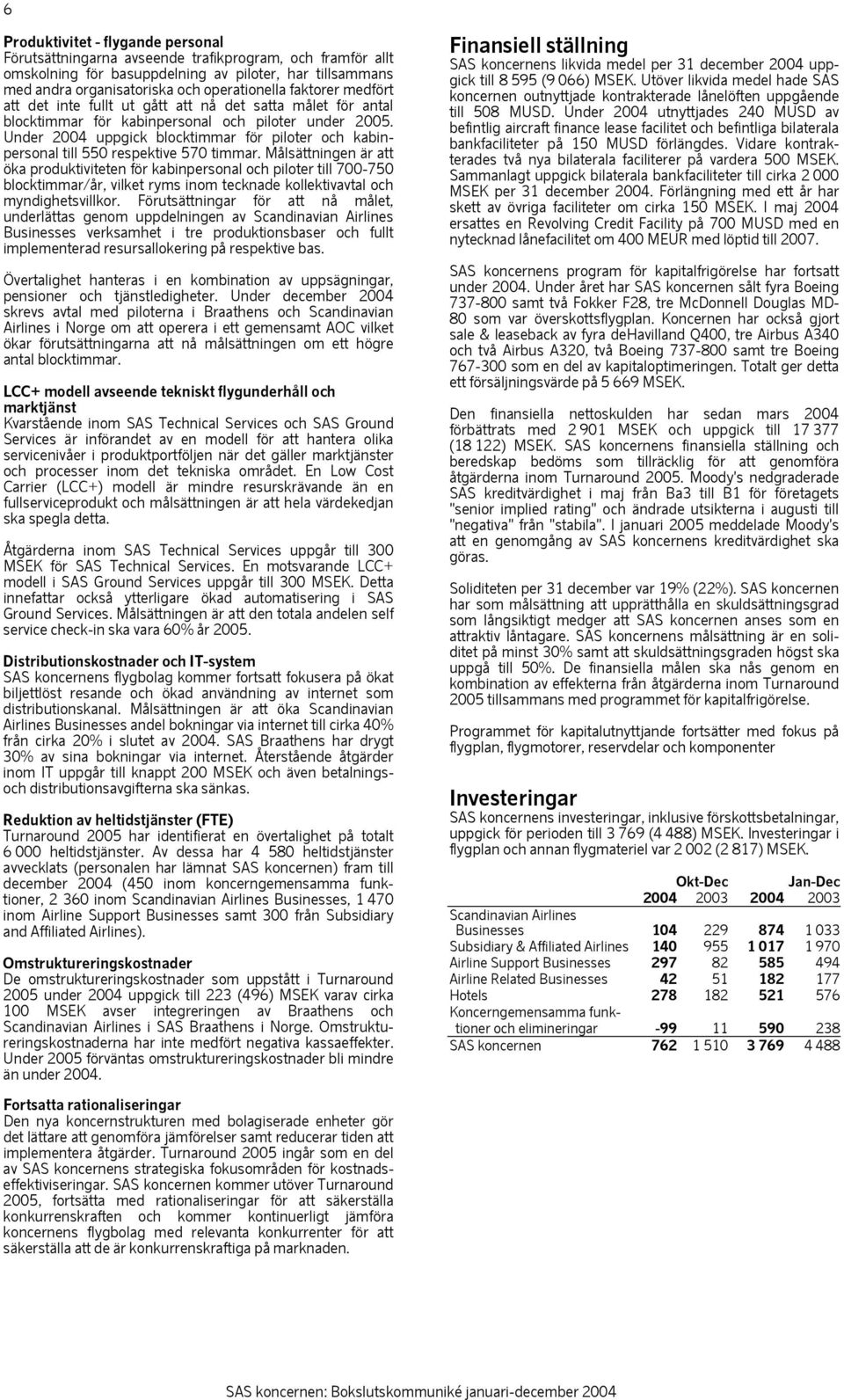 Under 2004 uppgick blocktimmar för piloter och kabinpersonal till 550 respektive 570 timmar.