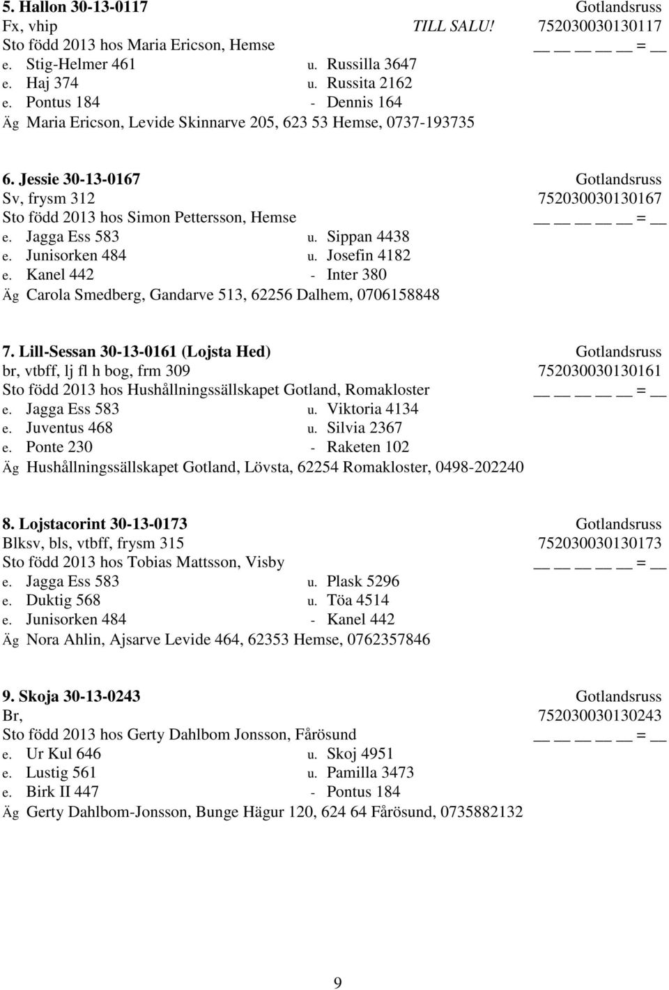 Jagga Ess 583 u. Sippan 4438 e. Junisorken 484 u. Josefin 4182 e. Kanel 442 - Inter 380 Äg Carola Smedberg, Gandarve 513, 62256 Dalhem, 0706158848 7.