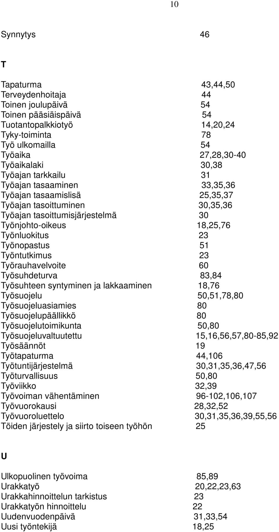 Työnopastus 51 Työntutkimus 23 Työrauhavelvoite 60 Työsuhdeturva 83,84 Työsuhteen syntyminen ja lakkaaminen 18,76 Työsuojelu 50,51,78,80 Työsuojeluasiamies 80 Työsuojelupäällikkö 80