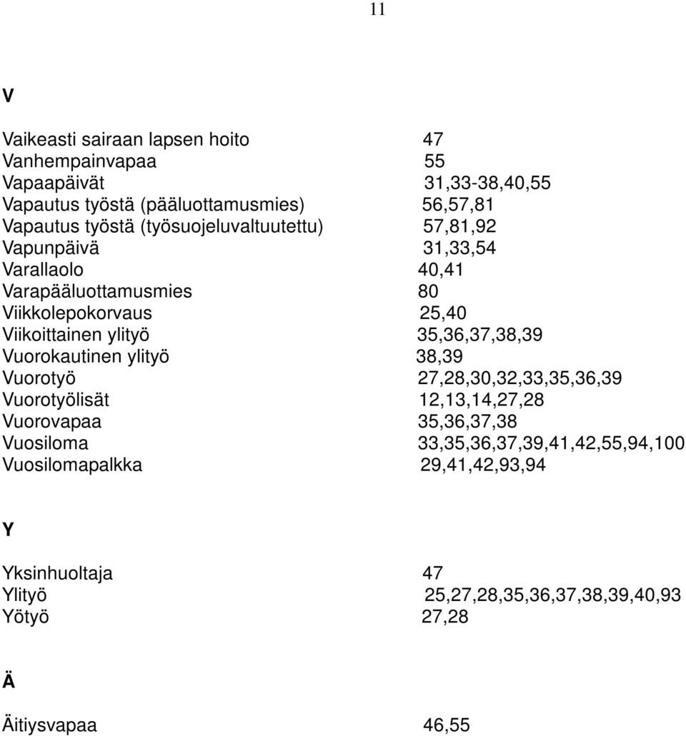 ylityö 35,36,37,38,39 Vuorokautinen ylityö 38,39 Vuorotyö 27,28,30,32,33,35,36,39 Vuorotyölisät 12,13,14,27,28 Vuorovapaa 35,36,37,38