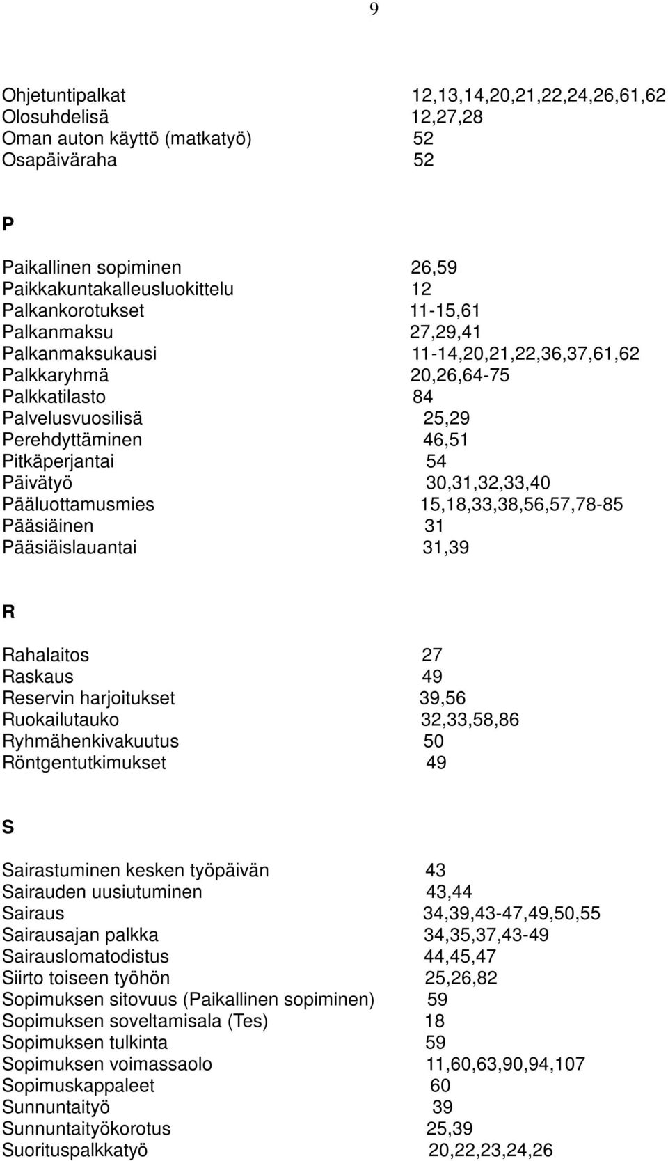 30,31,32,33,40 Pääluottamusmies 15,18,33,38,56,57,78-85 Pääsiäinen 31 Pääsiäislauantai 31,39 R Rahalaitos 27 Raskaus 49 Reservin harjoitukset 39,56 Ruokailutauko 32,33,58,86 Ryhmähenkivakuutus 50