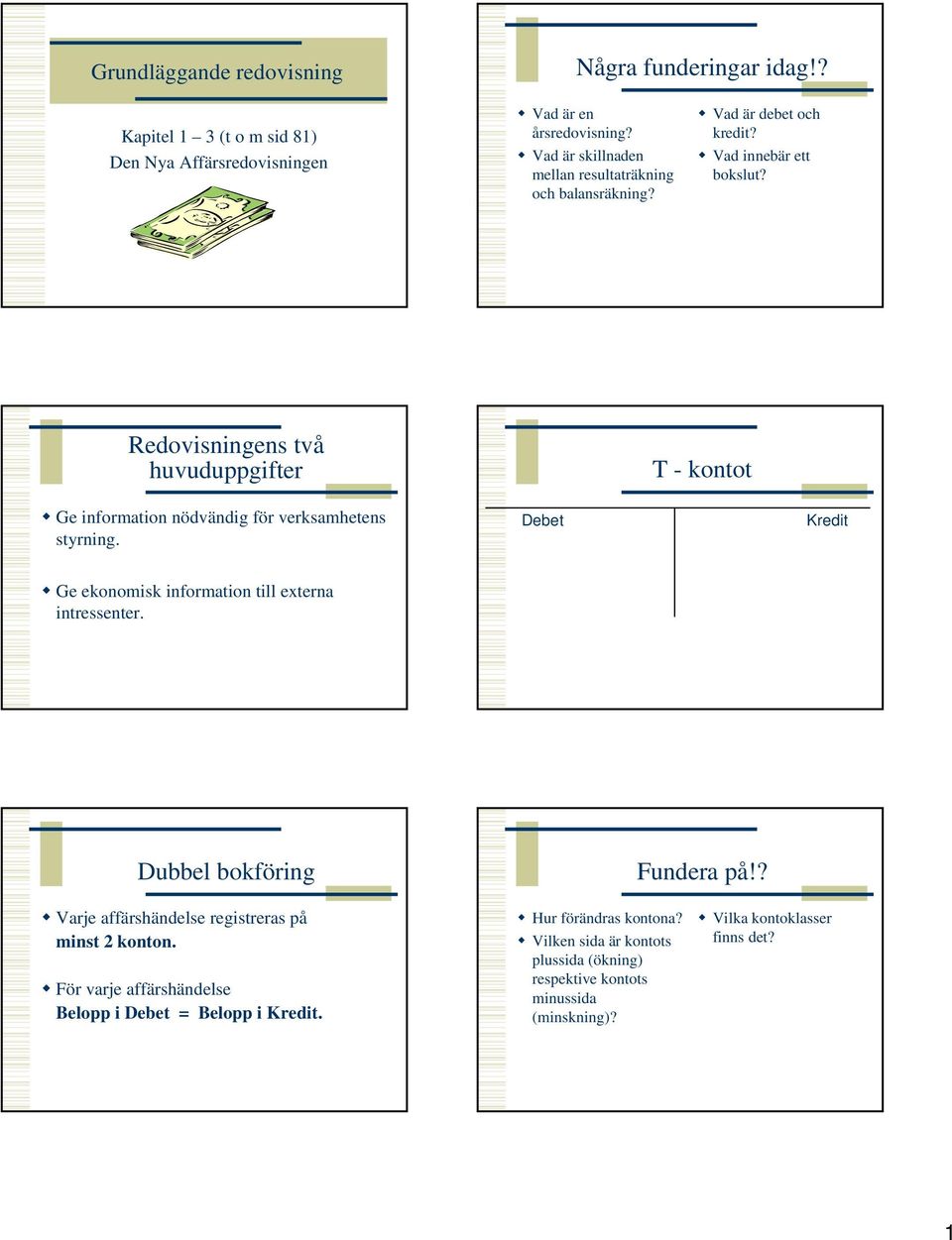 Redovisningens två huvuduppgifter T - kontot Ge information nödvändig för verksamhetens styrning. Debet Kredit Ge ekonomisk information till externa intressenter.