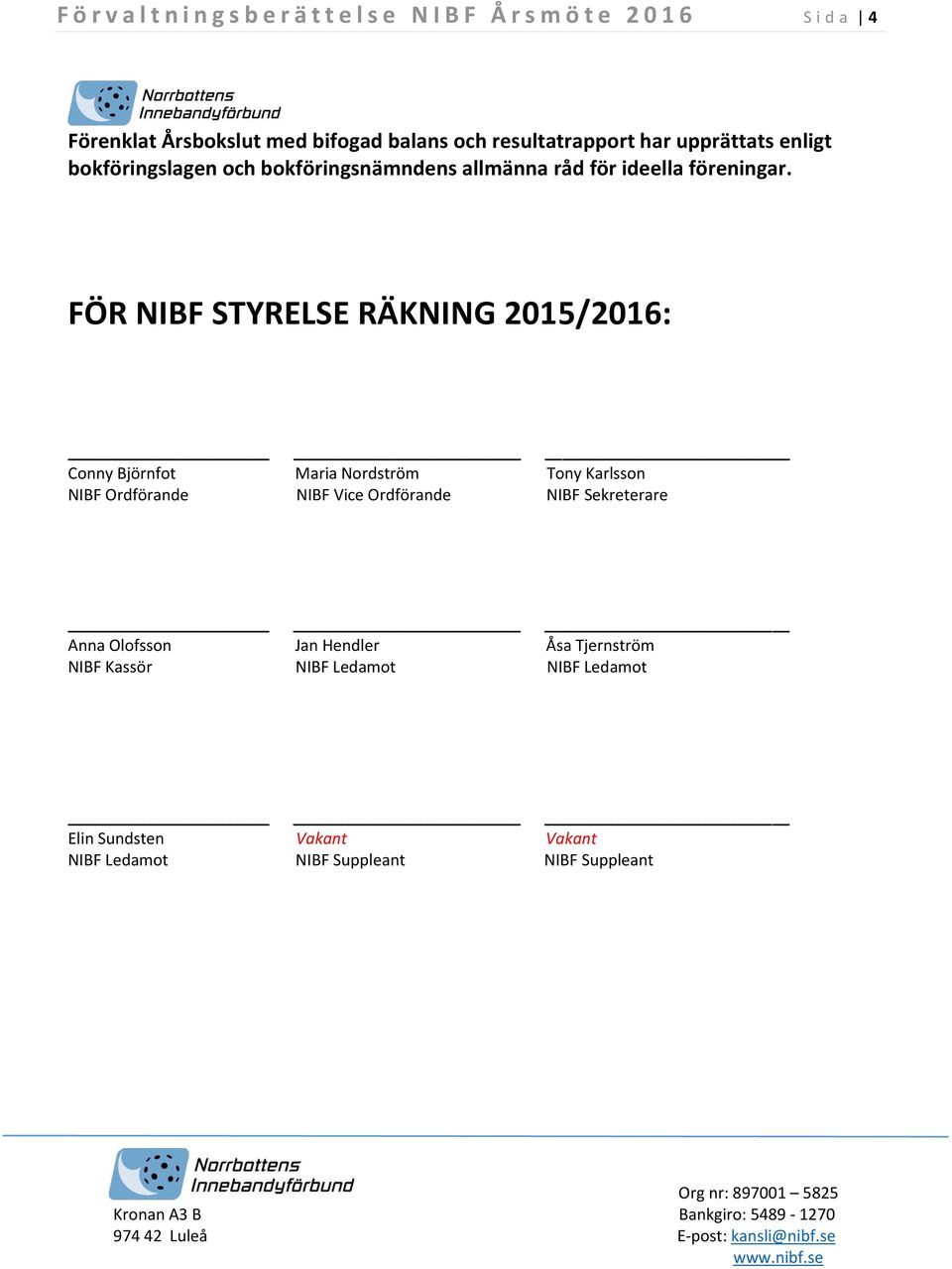 FÖR NIBF STYRELSE RÄKNING 2015/2016: Conny Björnfot Maria Nordström Tony Karlsson NIBF Ordförande NIBF Vice Ordförande NIBF