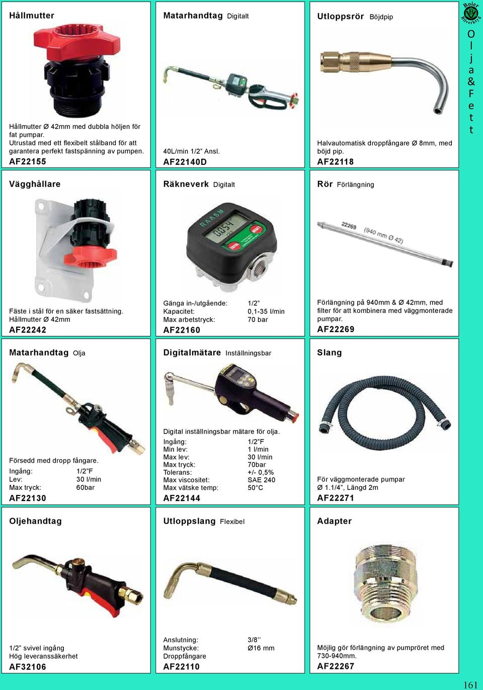 Hållmuer Ø 42mm AF22242 Gäng in-/ugående: 1/2 Kpcie: 0,1-35 l/min Mx rbesryck: 70 br AF22160 Förlängning på 940mm Ø 42mm, med filer för kombiner med väggmonerde pumpr.