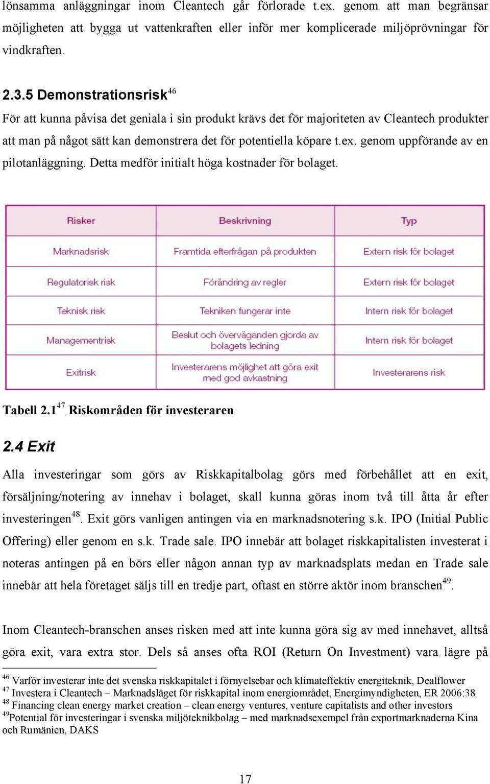 genom uppförande av en pilotanläggning. Detta medför initialt höga kostnader för bolaget. Tabell 2.1 47 Riskområden för investeraren 2.