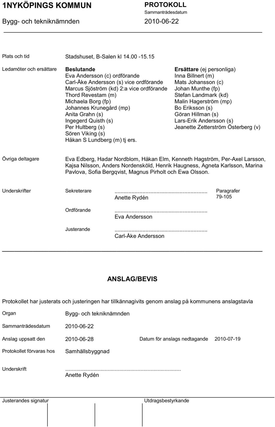 Krunegård (mp) Anita Grahn (s) Ingegerd Quisth (s) Per Hultberg (s) Sören Viking (s) Håkan S Lundberg (m) tj ers.