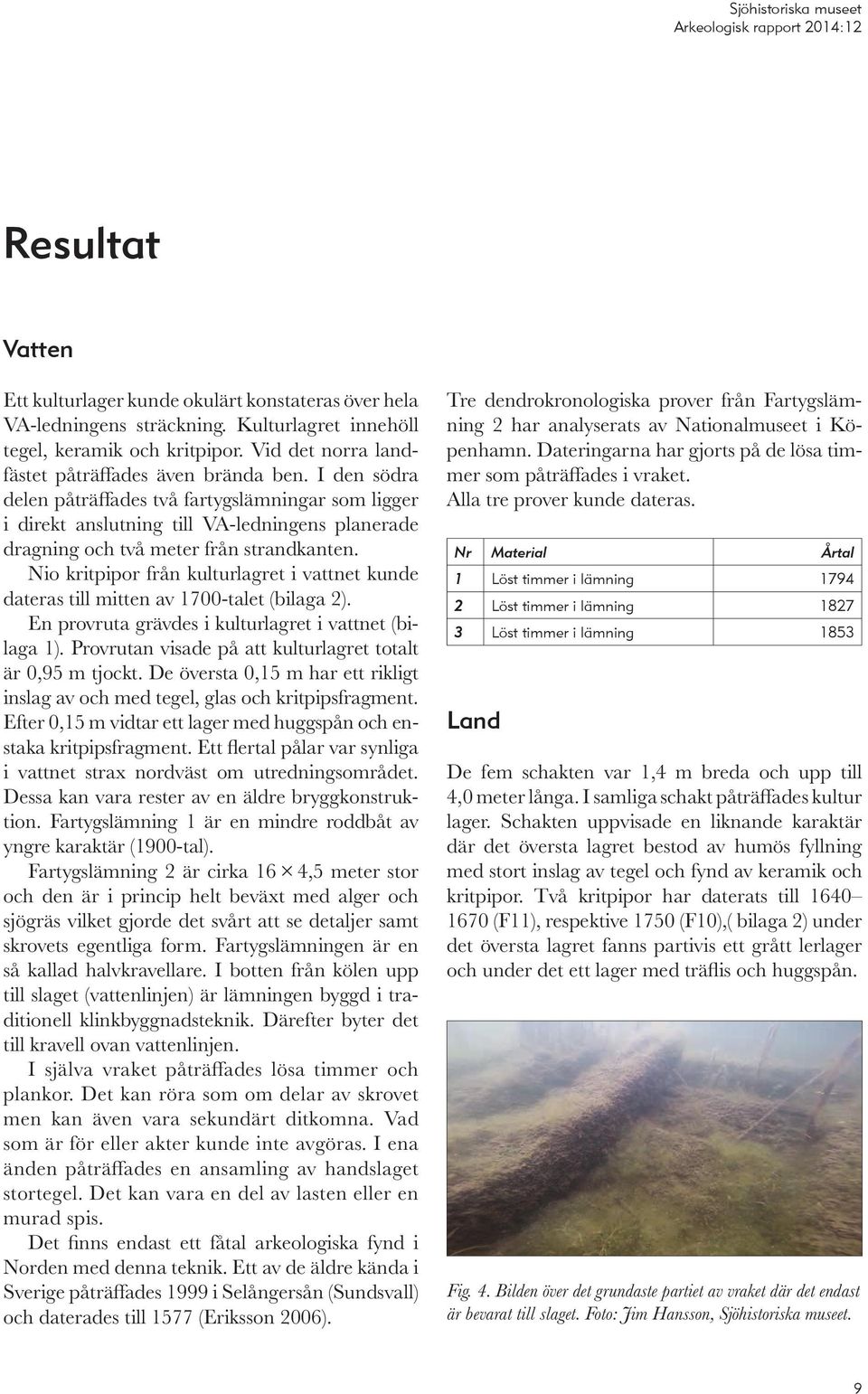 Nio kritpipor från kulturlagret i vattnet kunde dateras till mitten av 1700-talet (bilaga 2). En provruta grävdes i kulturlagret i vattnet (bilaga 1).