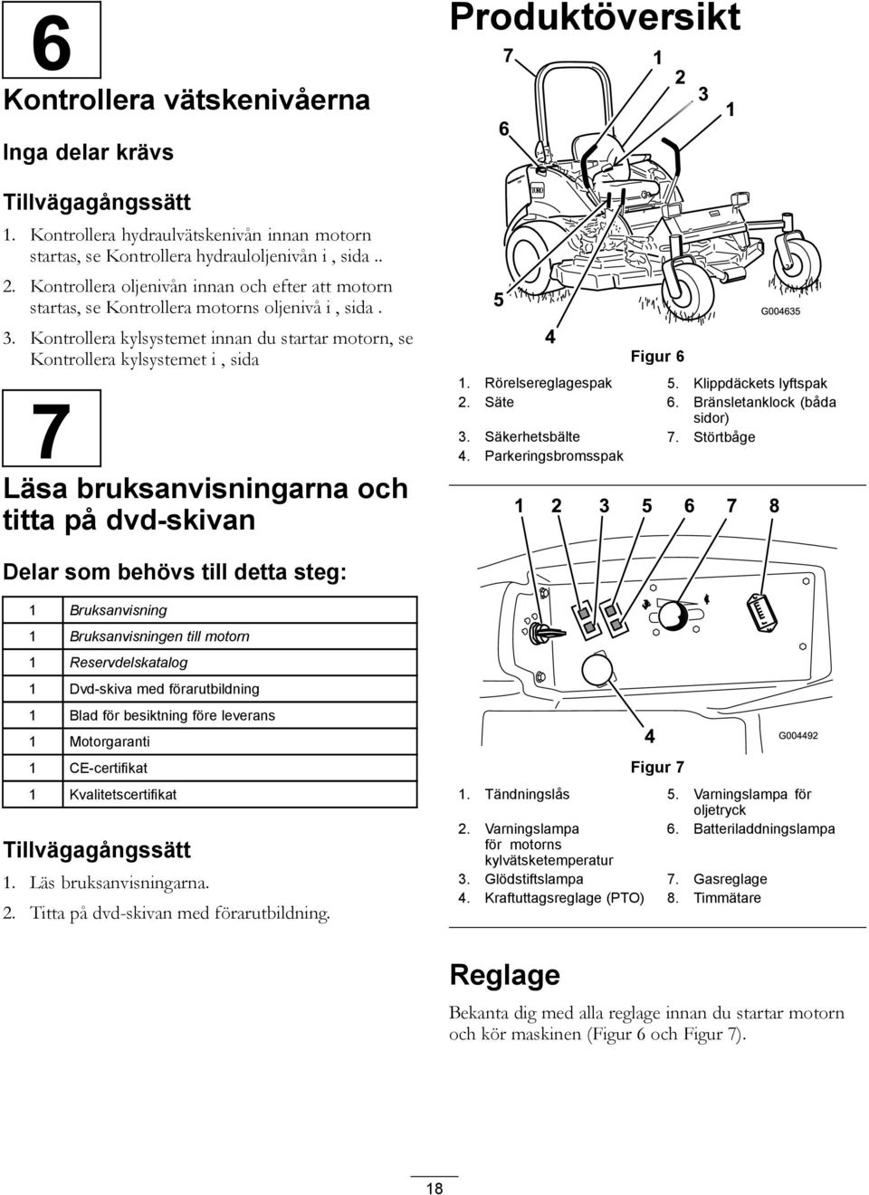 Kontrollera kylsystemet innan du startar motorn, se Kontrollera kylsystemet i, sida 7 Läsa bruksanvisningarna och titta på dvd-skivan Figur 6 1. Rörelsereglagespak 5. Klippdäckets lyftspak 2. Säte 6.